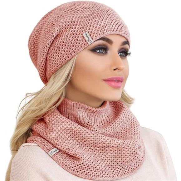 Women's Hat and Scarf Set Knit Winter Plain Beanie Neck Warmer, Pink